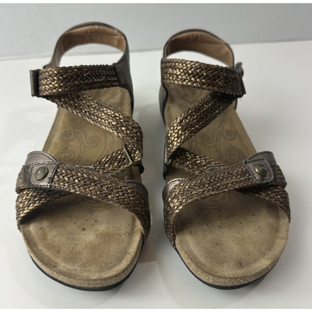 Taos Trulie Sandals Pewter Metallic Leather Woven Strappy Hook Loop Size 7 - 7.5 - Picture 16 of 16
